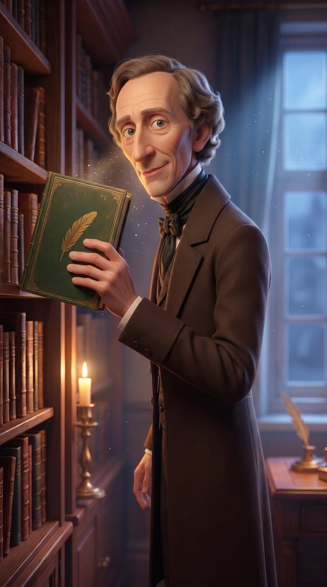 Un Hans Christian Andersen ilustrado sonríe entre estanterías iluminadas por velas, con un libro de cuentos verde en la mano