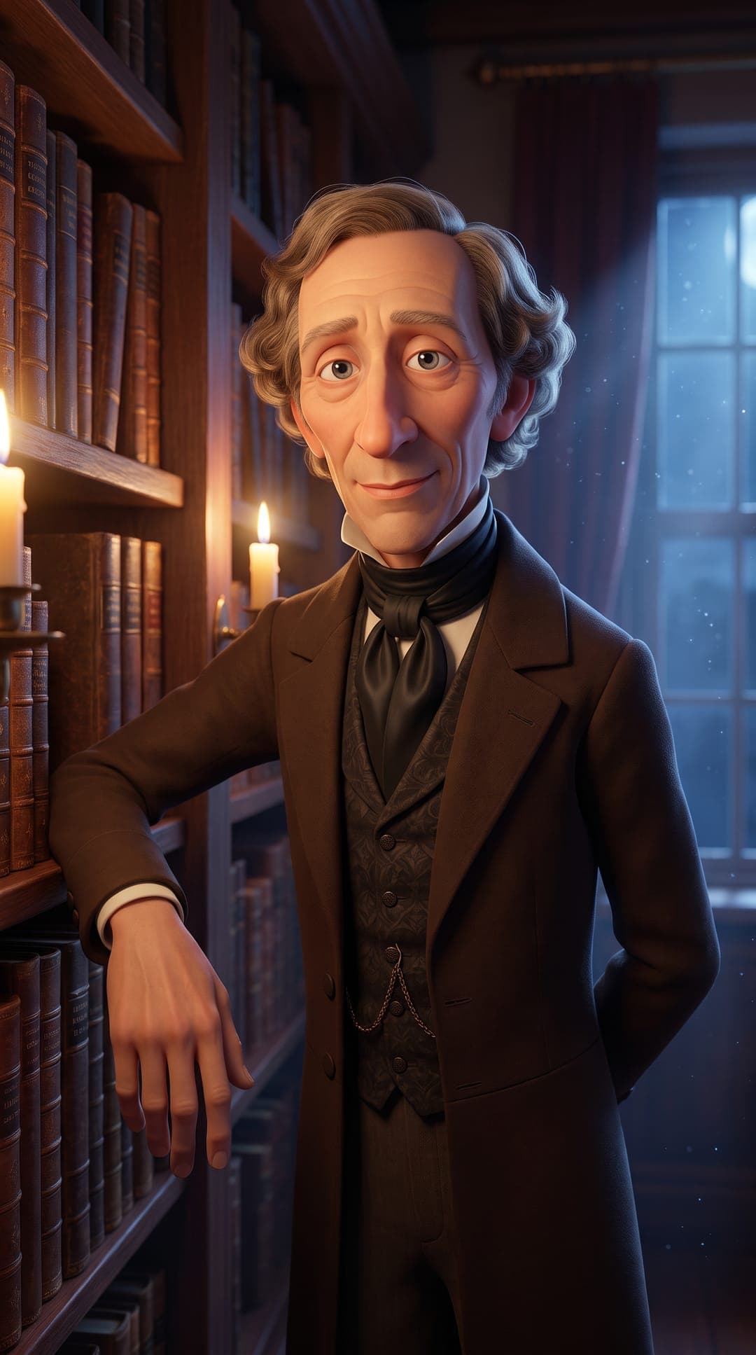 Un Hans Christian Andersen ilustrado, apoyado en una estantería a la luz de las velas, sonriendo