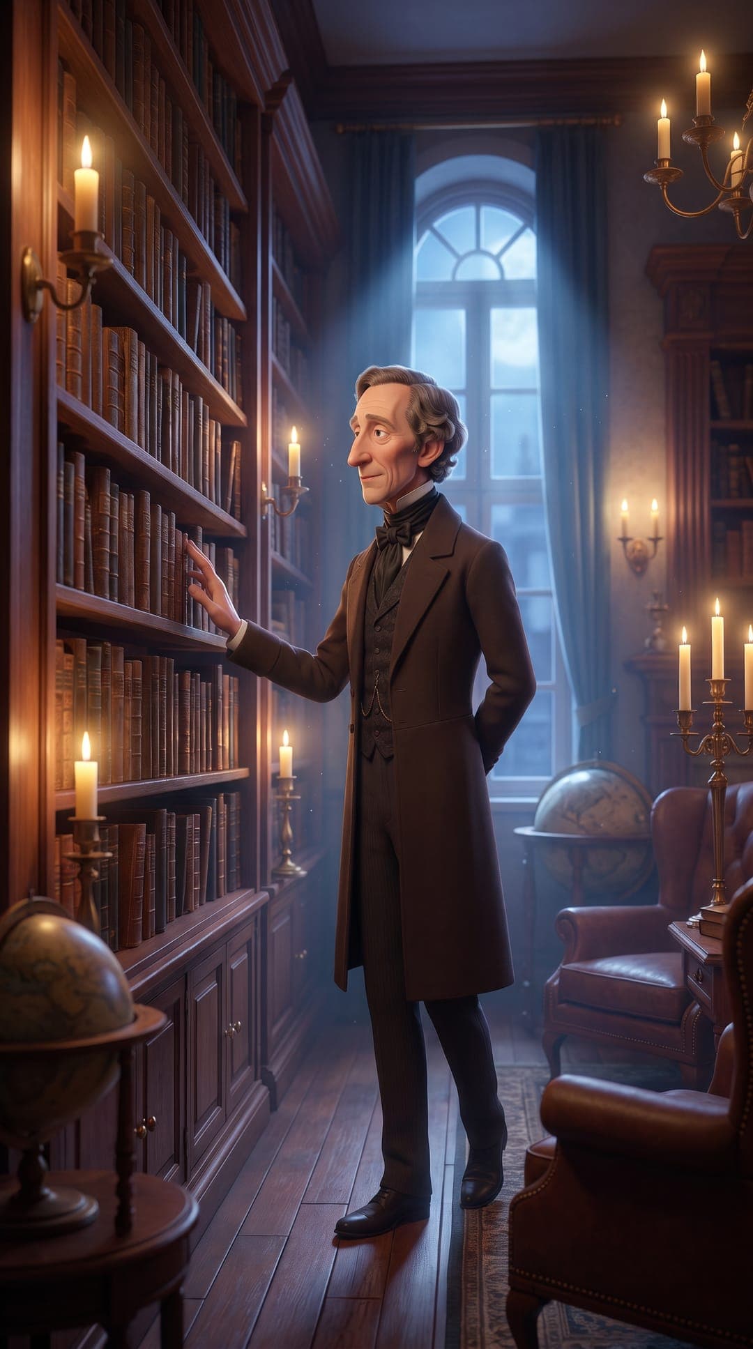 Un Hans Christian Andersen ilustrado alcanza un libro de una estantería alta en su biblioteca iluminada por velas