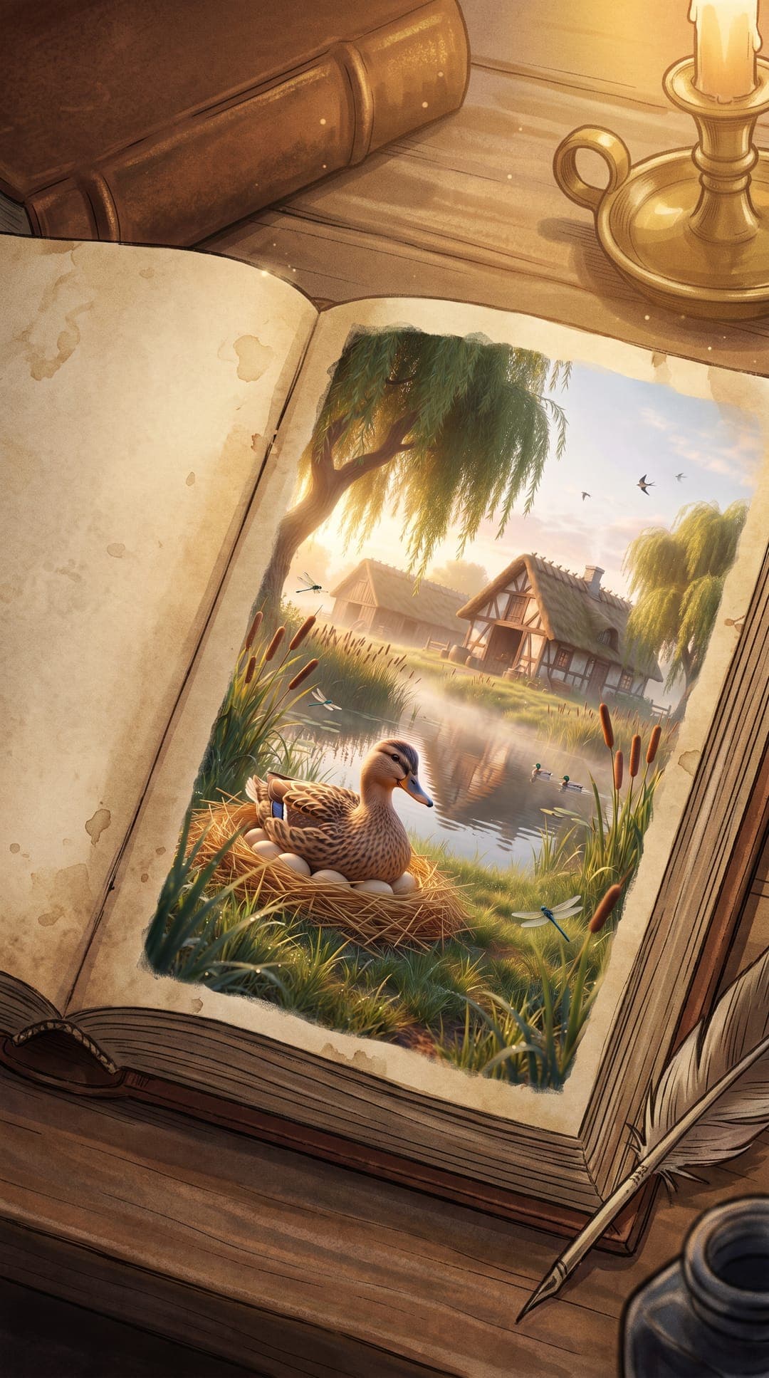 El libro de cuentos de Andersen abierto a la luz de una vela, por una ilustración de una pata en su nido junto al estanque